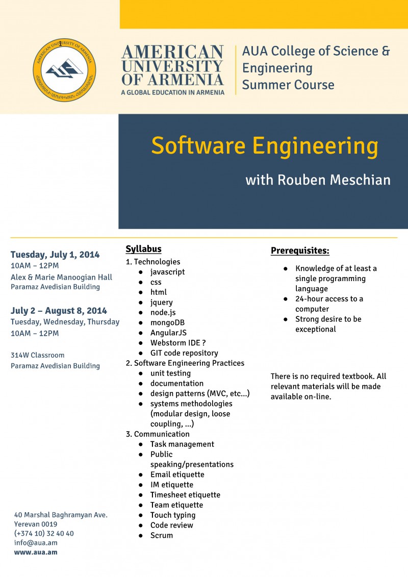 AUA College of Science & Engineering Summer Course Software