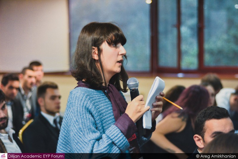 AUA student, Iren Stepanyan, who is set to go to Ireland in March 2016, debating during DAEF's General Assembly in Dilijan