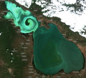 Lake Sevan algal bloom (June 2018). Image: Sentinel-2A, AUA GIS & Remote Sensing Lab